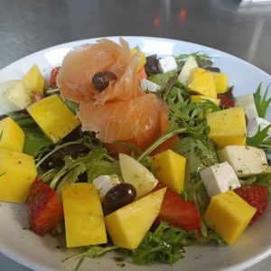 Fresh Smoked Salmon Salad with in-season Fruits - available every day from 12 pm (except Mondays)
